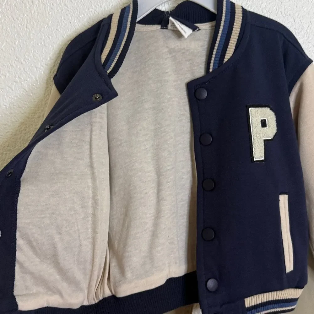 Prince- Navy and Beige Striped Collar Jacket pant set- 2T